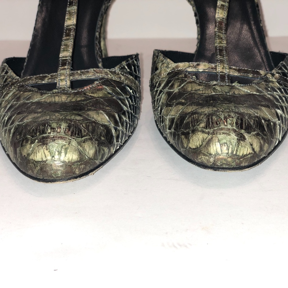 Stuart Weitzman Green Strappy Python Kitten Heels - image 4